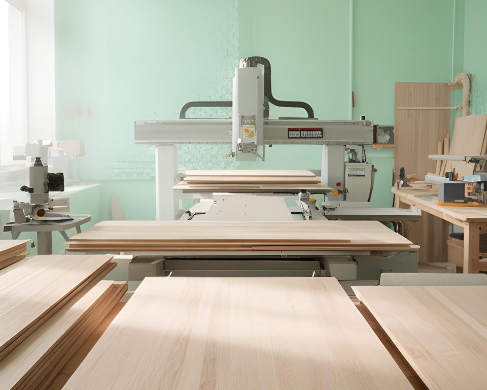 Mitarbeitende in einer hellen Holzwerkstatt mit grossen Holzplatten und präzisen Maschinen