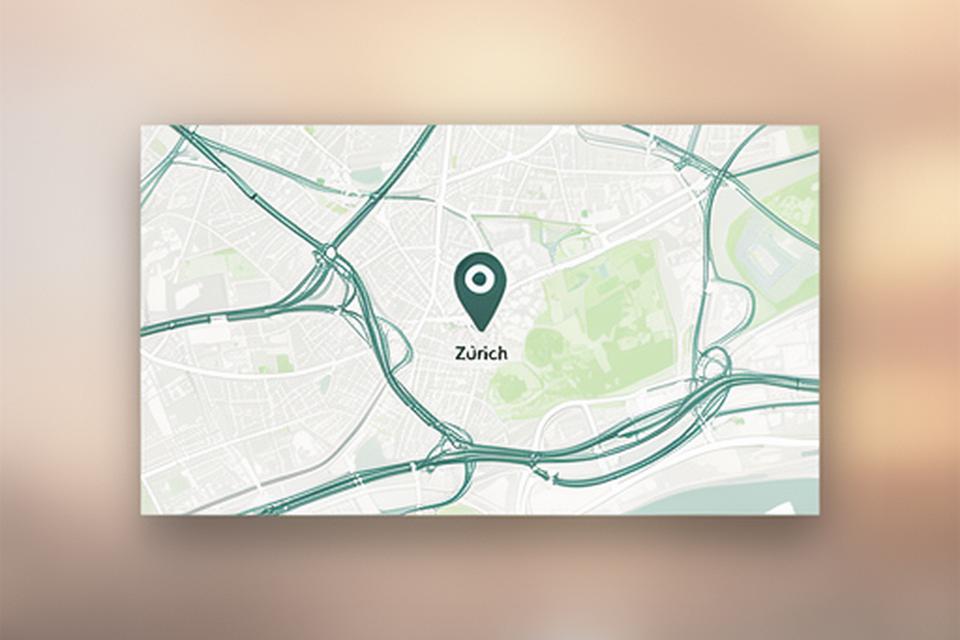 Stilisierte Karte von Zürich rund um die Badenerstrasse mit markiertem Standort und Strassenverlauf