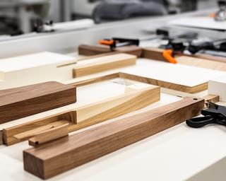 Moderne Möbelproduktion mit zugeschnittenen Holzbauteilen auf einer hellen Werkbank