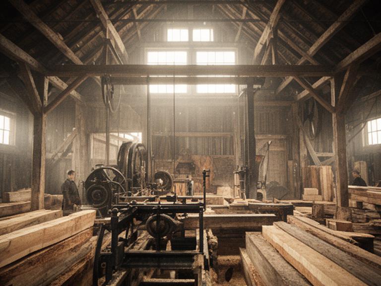 Historisches Sägewerk mit Holzbalken, älterer Maschinenhalle und ruhiger Arbeitsszene aus den Anfangsjahren