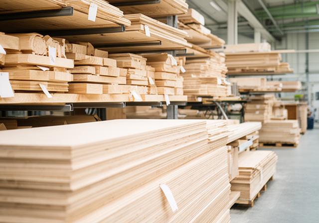 Ordentlich gestapelte Holzplatten und Spezialzuschnitte in einem hellen Lagerbereich mit Beschriftungen