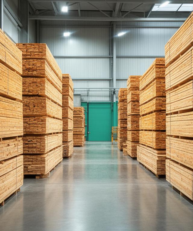 Sauber gestapeltes Holzlager mit sortierten Brettern und trockenen Zwischenräumen in einer industriellen Lagerhalle