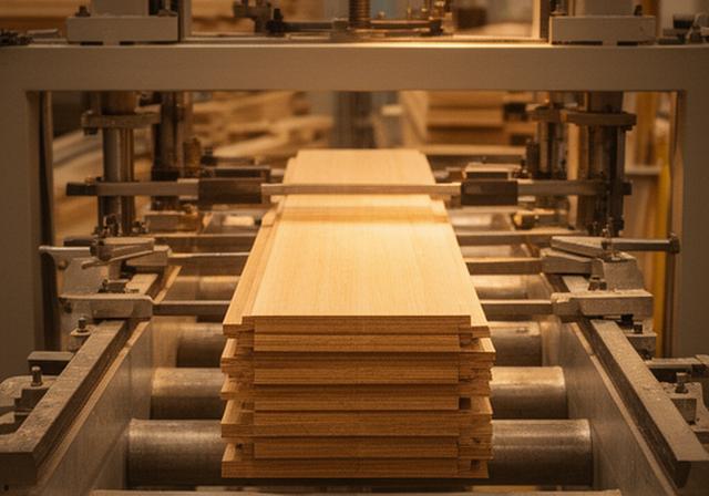 Leimholzpresse spannt mehrere Holzlamellen in einer warm beleuchteten Produktionshalle