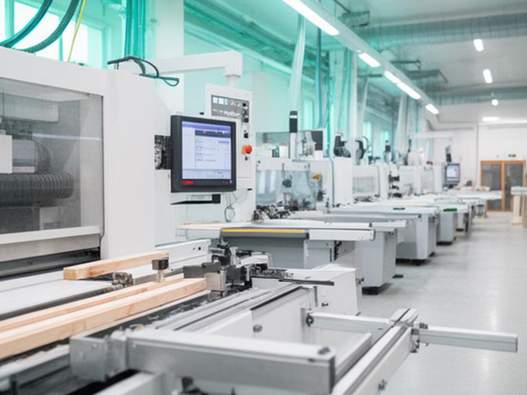 Digitale Steuerung in einer hellen Produktionshalle mit modernen Holzmaschinen und Bedienpanel
