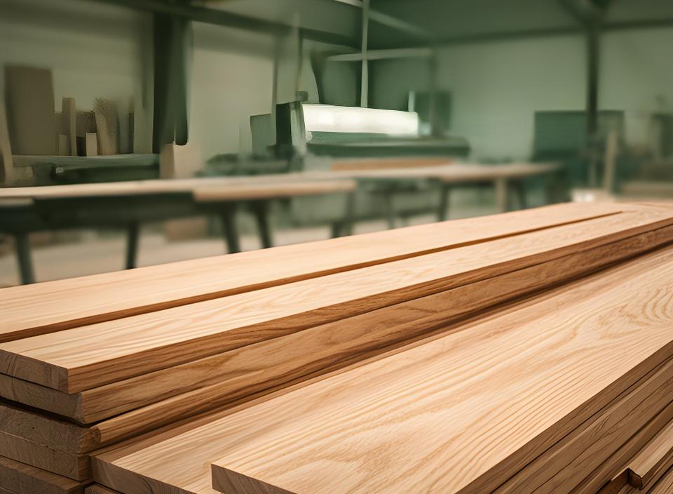 Gestapelte Holzbretter in einer modernen Schweizer Produktion mit warmem Licht und sichtbarer Maserung