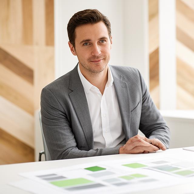 Fabio Meier in einem hellen Büro mit Holzmustern und konzentriertem Blick auf eine Produktionsübersicht